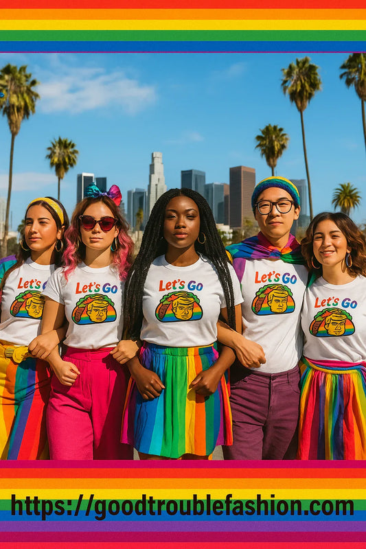 Group of diverse people wearing artistic protest tees with meaning and colorful rainbow skirts standing united outdoors