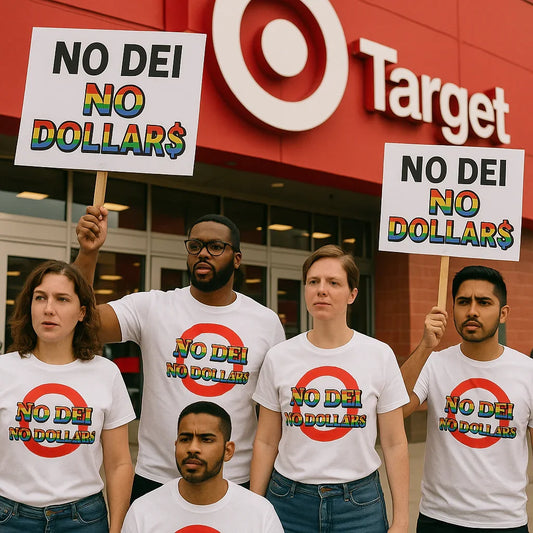 Protesters outside Target wearing No Dei No Dollars shirts highlighting real allyship vs. rainbow capitalism
