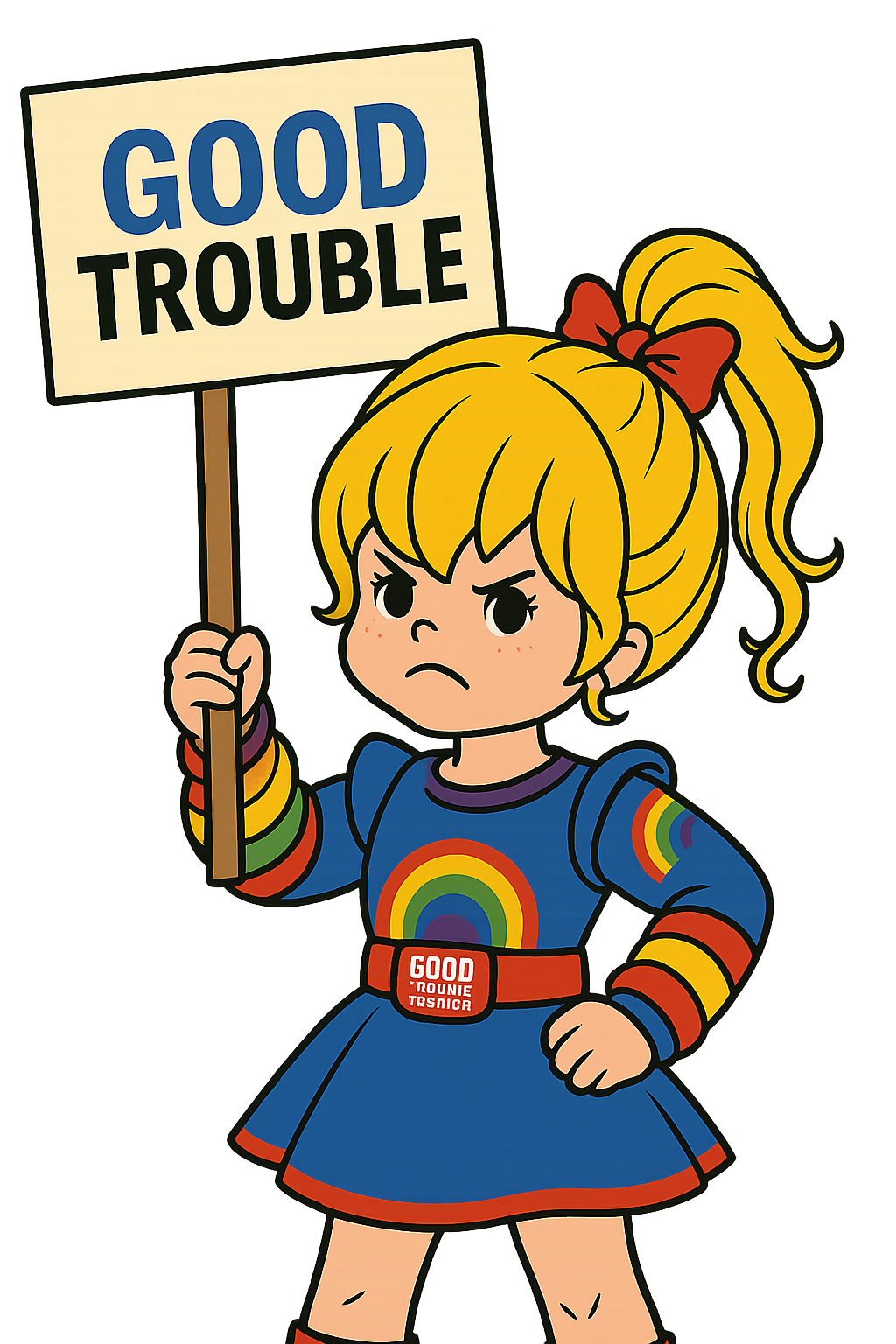Illustration of a girl wearing bold feminist t shirts with messages holding a sign that says good trouble