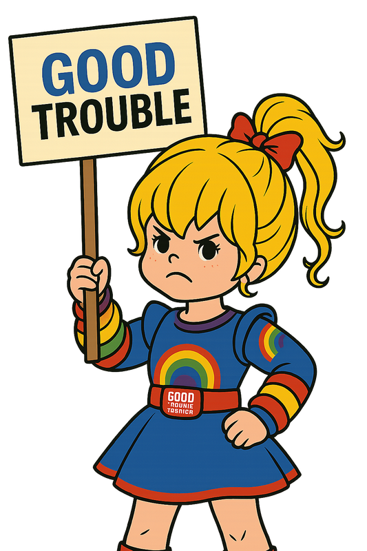 Illustration of a girl wearing bold feminist t shirts with messages holding a sign that says good trouble