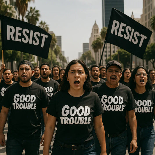 Group of protesters wearing Good Trouble shirts holding resist signs showing how to make good trouble in fashion