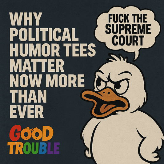 Political humor t-shirts featuring a cartoon duck with a protest message about the Supreme Court