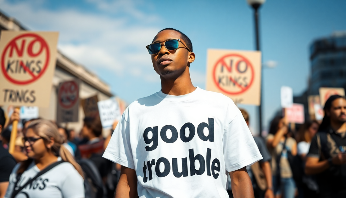 A model wearing a white tshirt with the text “good trouble” at a no kings protest