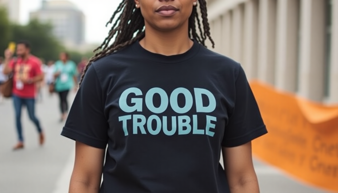 A bold activist wearing limited edition Good Trouble t-shirt