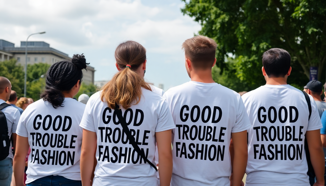 Activists wearing tshirts with the text “GOOD TROUBLE FASHION”