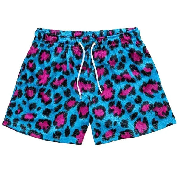 Good Trouble Fashion animal print mesh shorts in blue with pink and black leopard spots and white drawstring