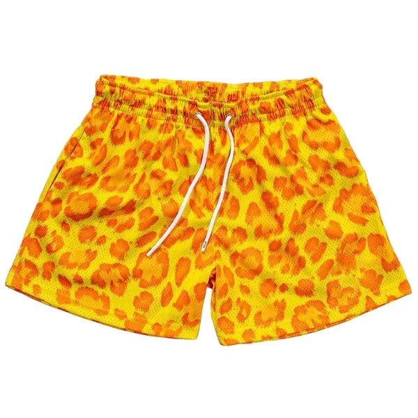 Good Trouble Garments animal print mesh shorts in bright orange and yellow with elastic waistband and white drawstring