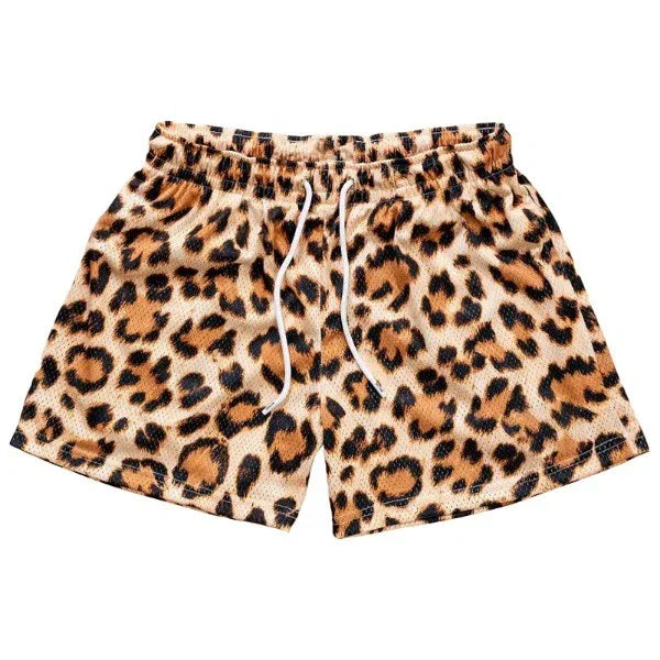 Good Trouble Garments animal print mesh shorts with elastic waistband and white drawstring