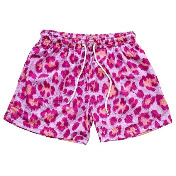 Good Trouble Garments animal print mesh shorts in pink and purple with elastic waistband and drawstring