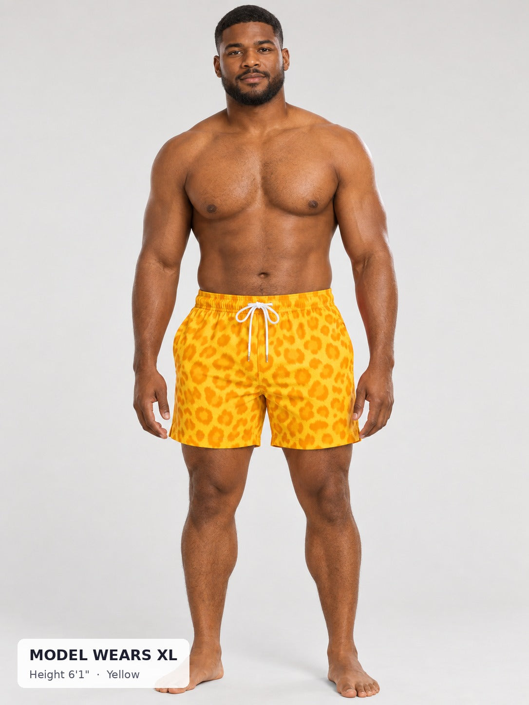 Animal Print Shorts in Yellow on a model wearing size XL, 6'1" - Good Trouble Fashion