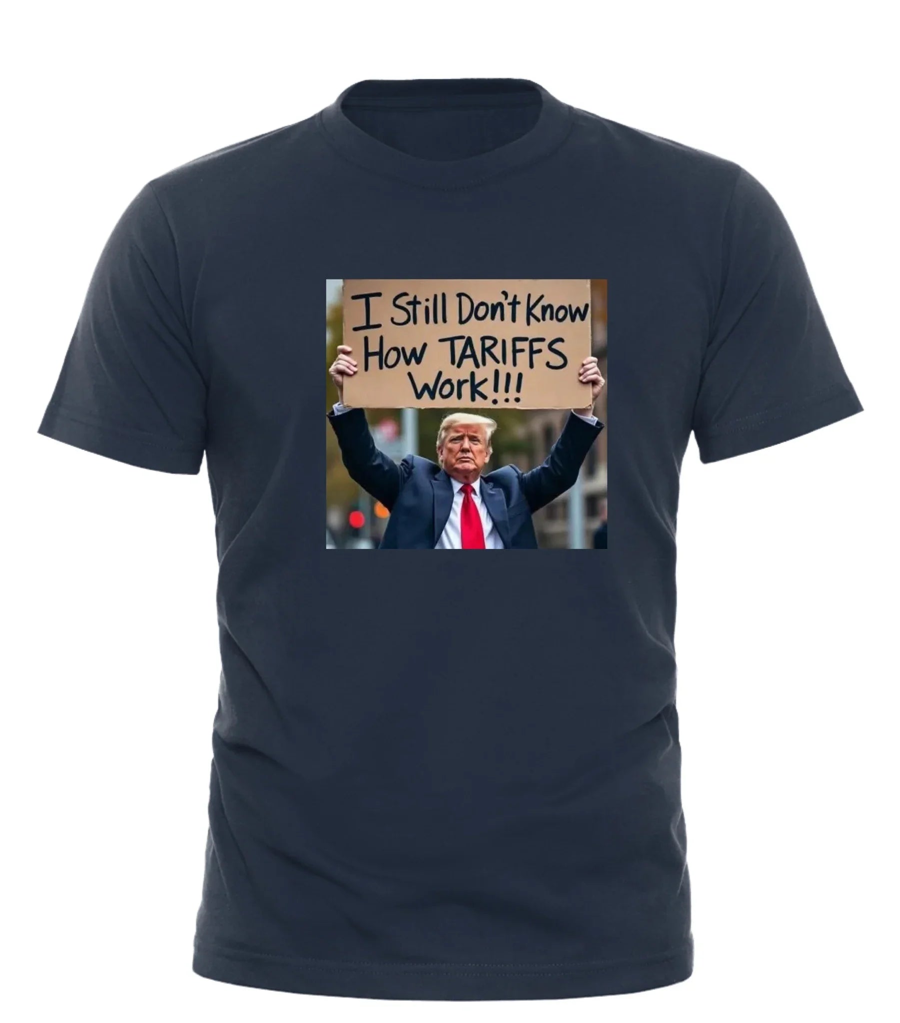 Good Trouble Garments anti Trump tariffs t shirt with graphic of man holding sign about tariffs