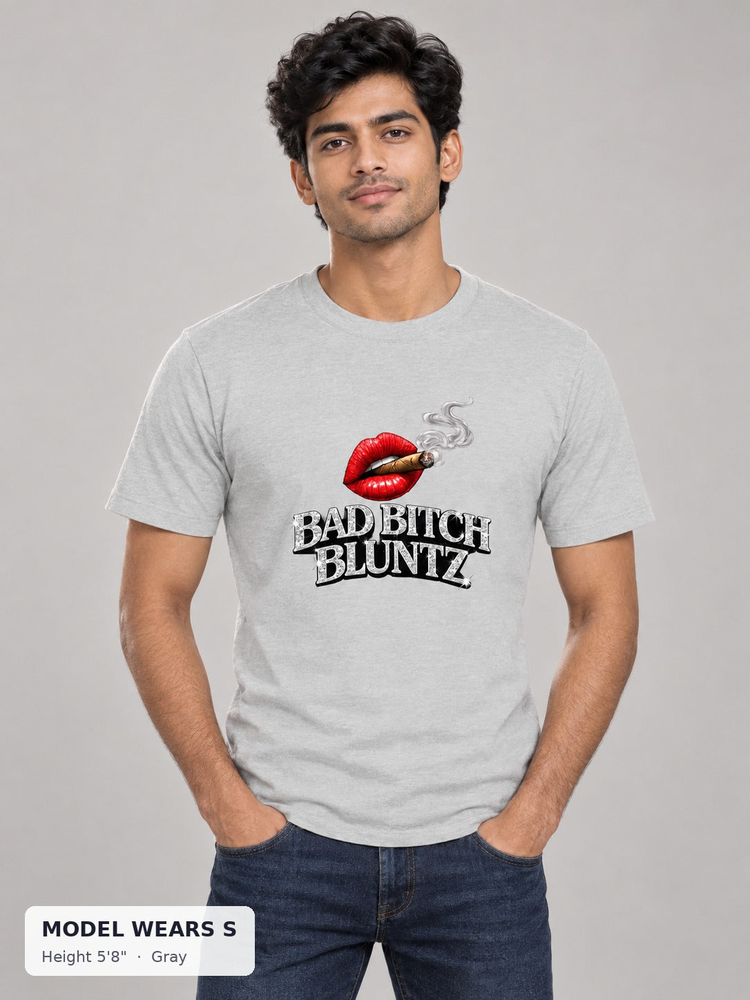 Bad Bitch Bluntz Tee in Gray on a slim model wearing size S, 5'8" - Good Trouble Fashion