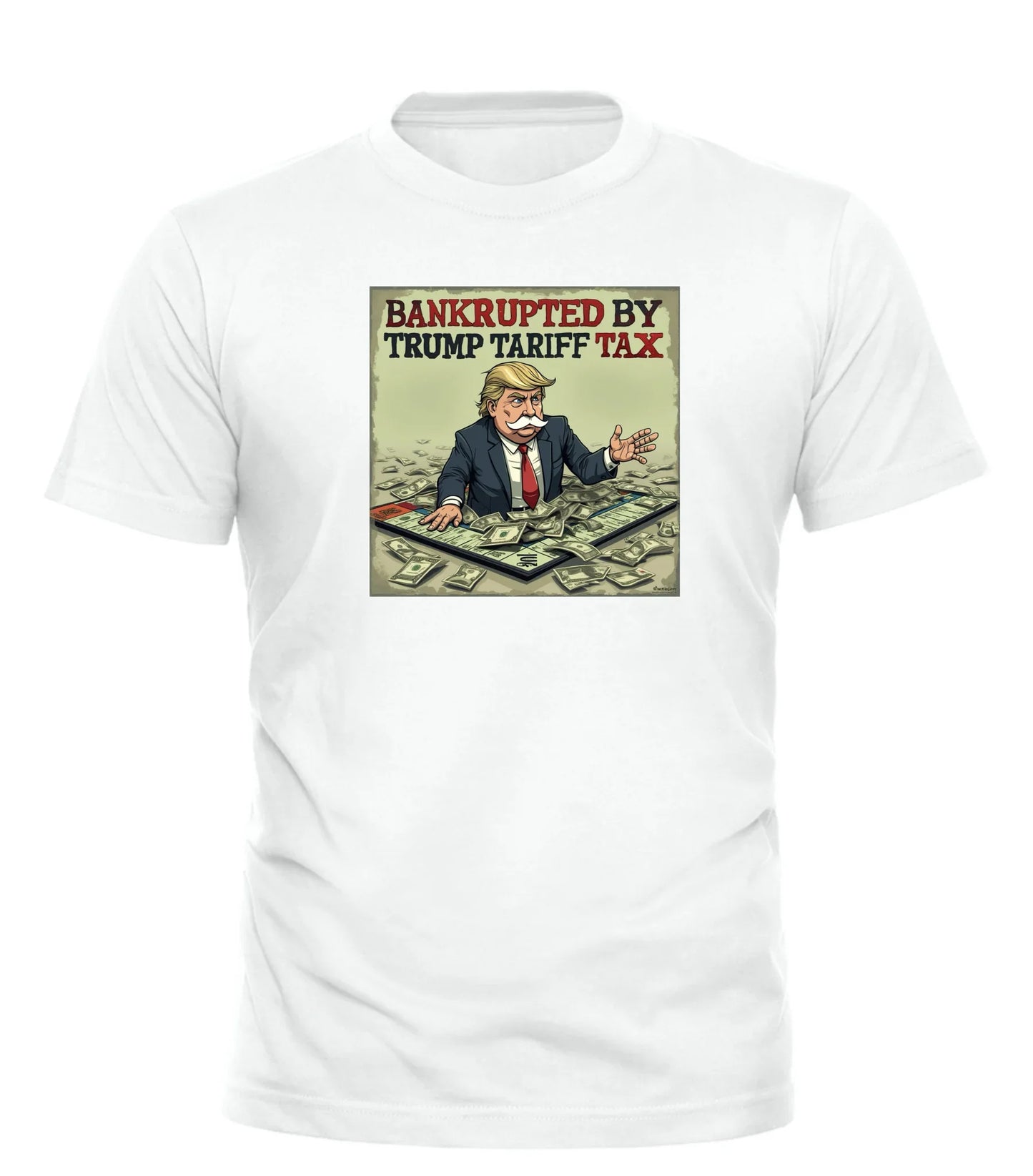 White Good Trouble Garments T-shirt featuring bankrupt by Trump tariff shirt graphic with cartoon Trump on dollar bills