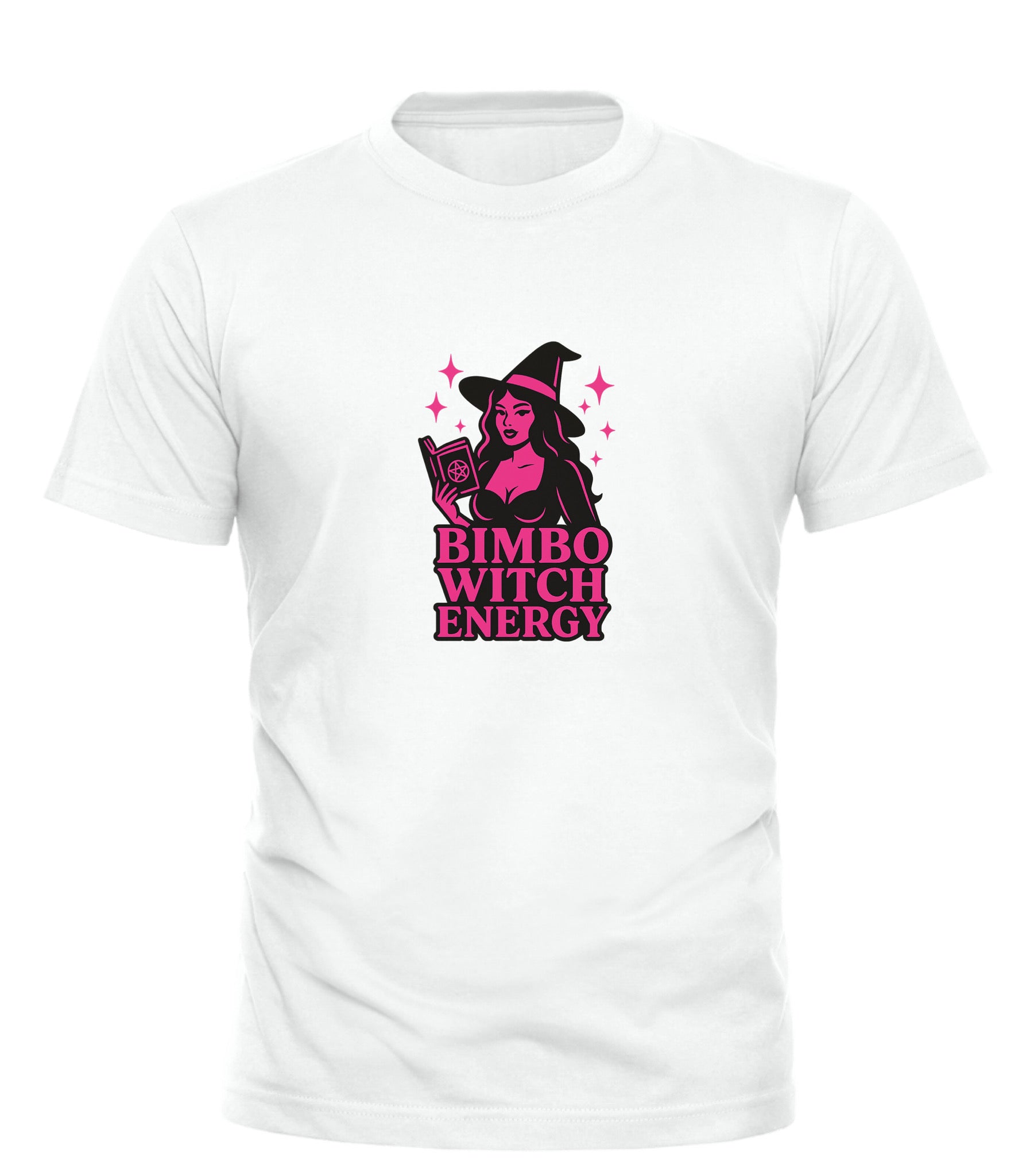 White Good Trouble Garments bimbo witch t-shirt with pink witch graphic and text design