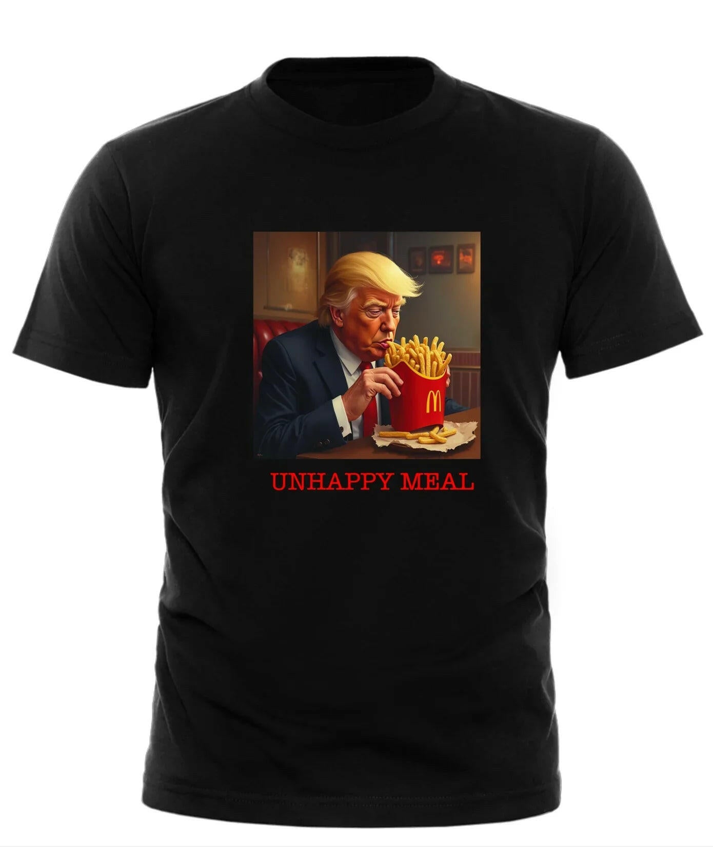 Black Good Trouble Garments t-shirt with anti Trump statement apparel featuring caricature and Unhappy Meal text