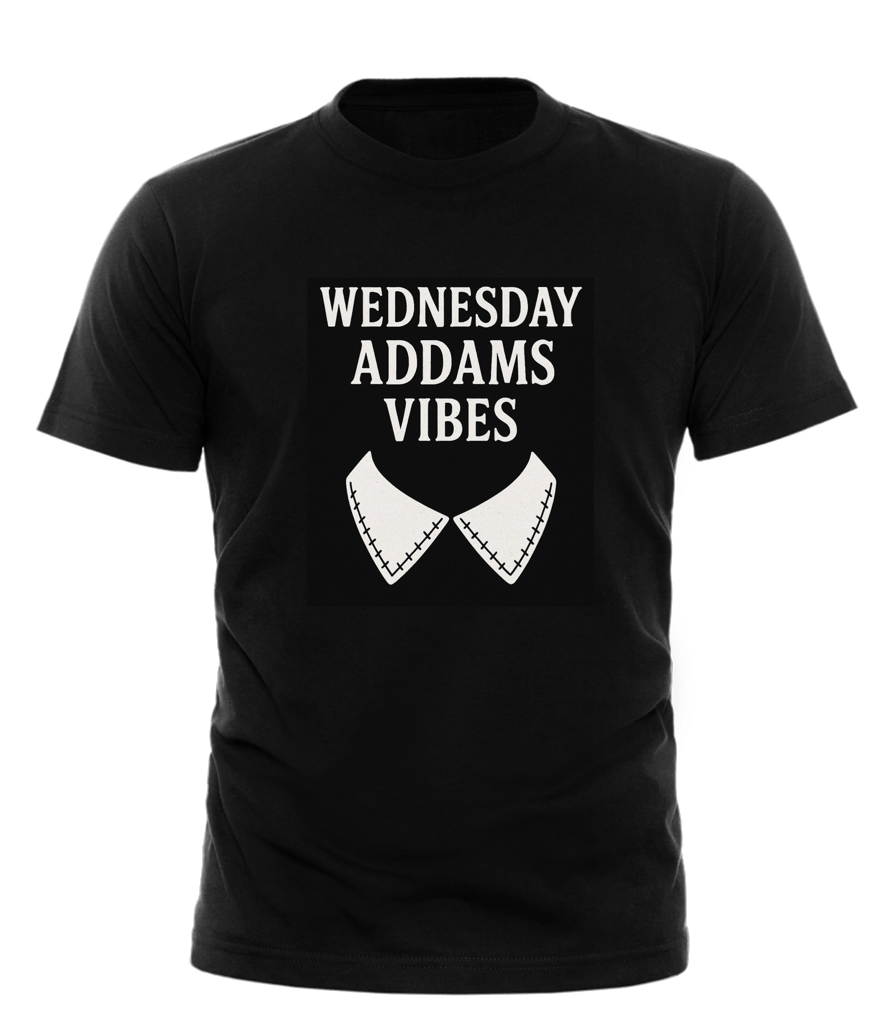 Black Good Trouble Garments t-shirt with white graphic and text Wednesday Addams vibe t-shirt design