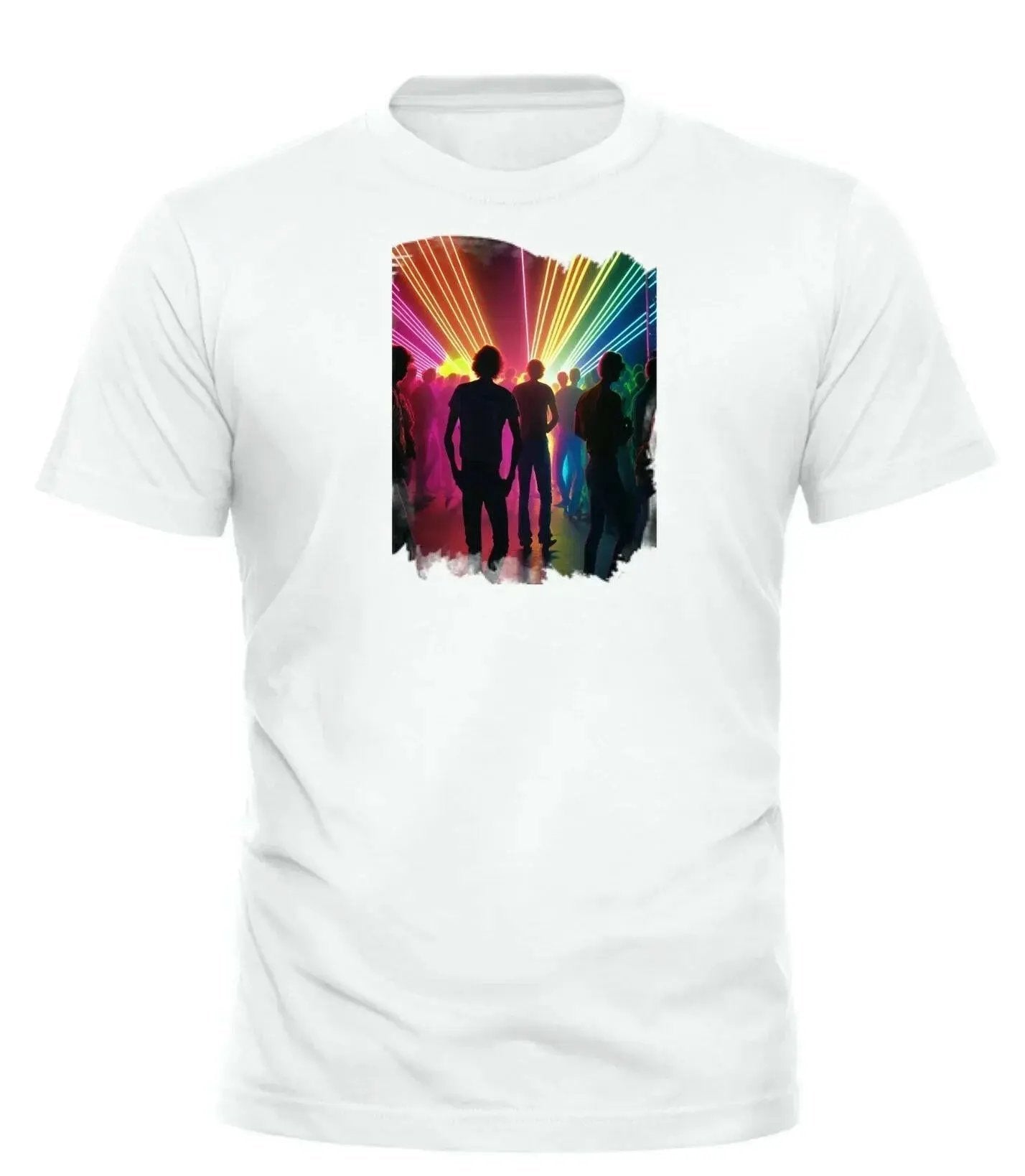 Good Trouble Garments white t-shirt with colorful silhouettes and rainbow light rays blinded by the lights tee