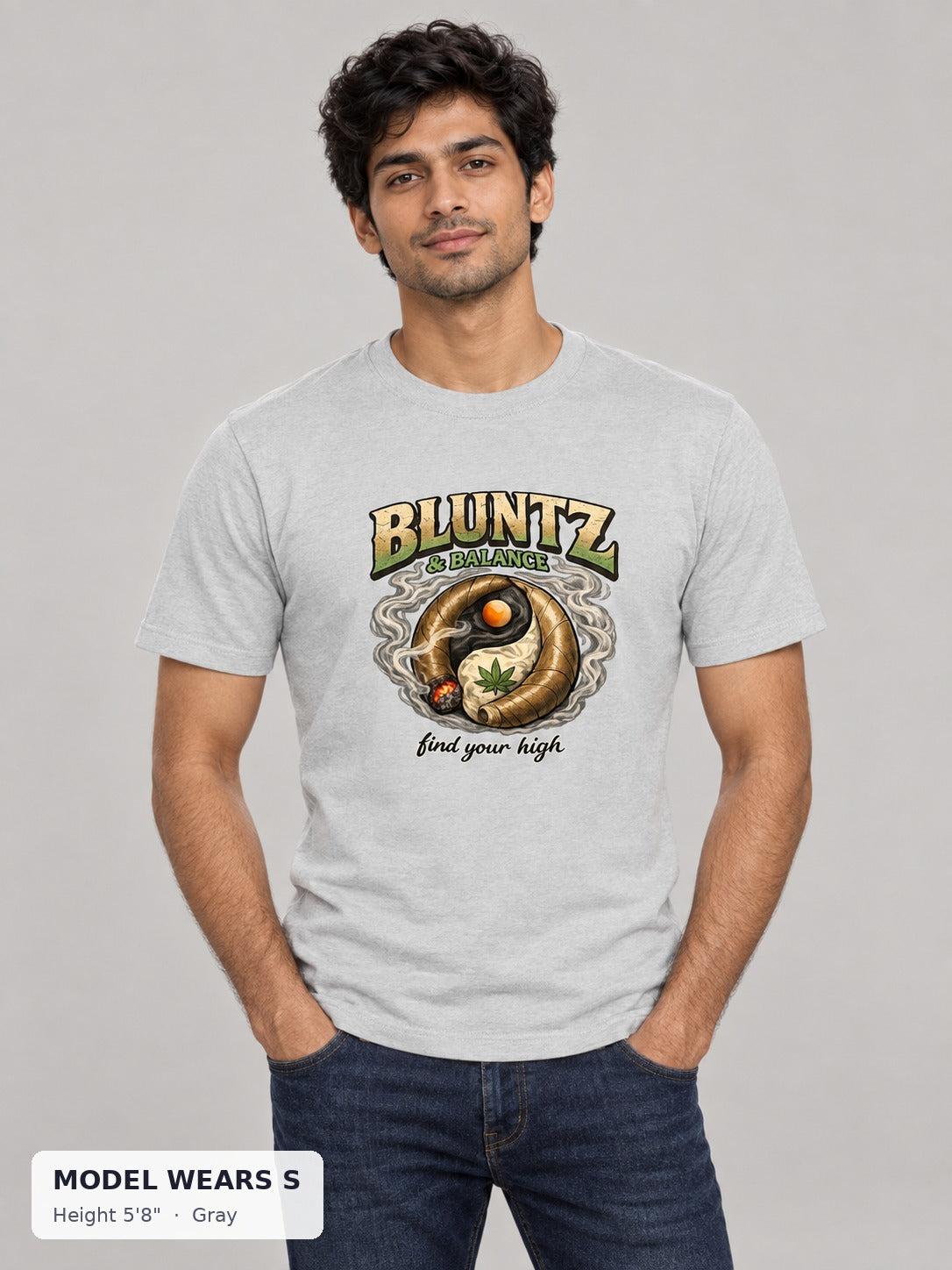 Bluntz and Balance Tee in Gray on a slim model wearing size S, 5'8" - Good Trouble Fashion