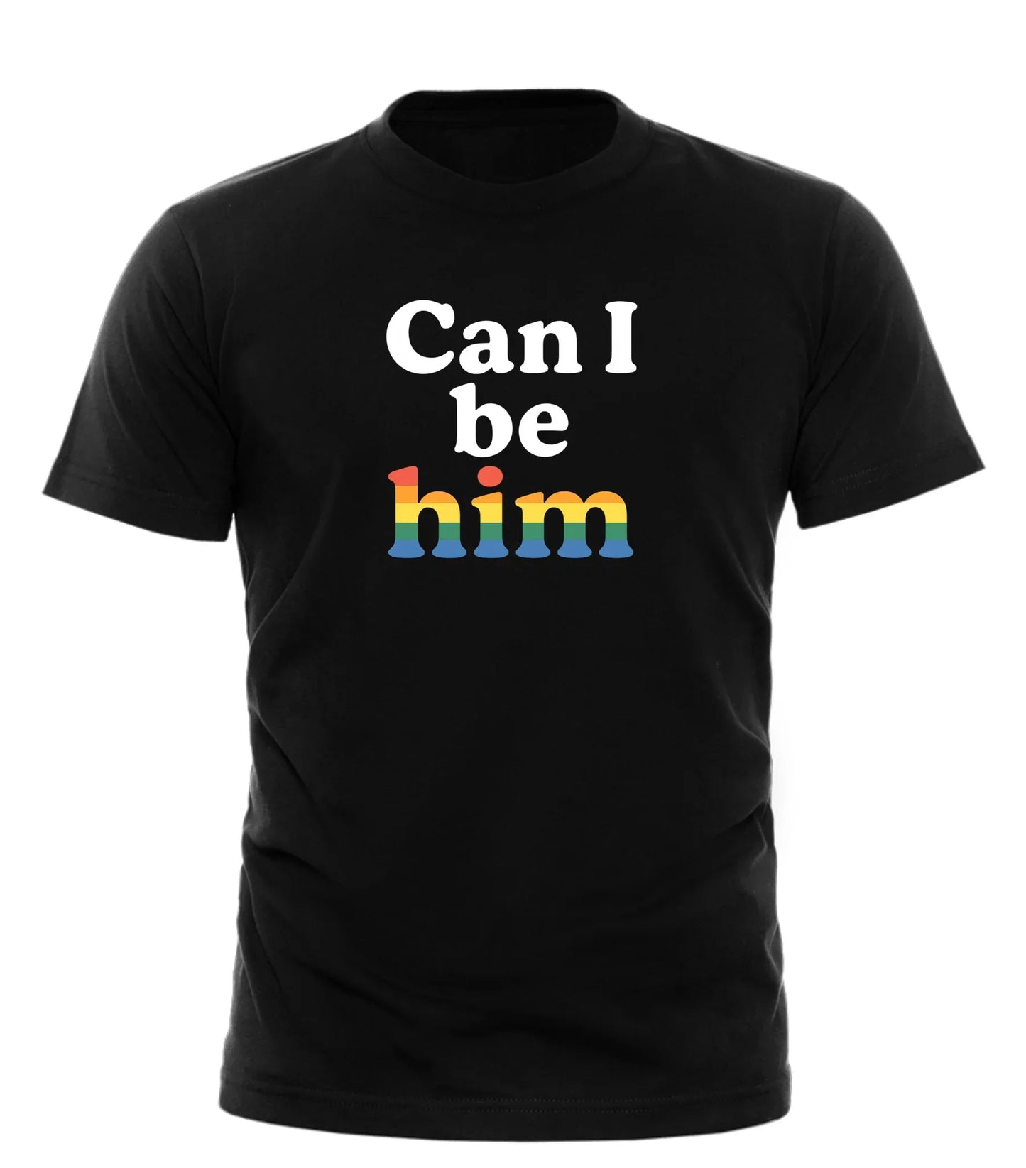Good Trouble Garments black Can I Be Him shirt with colorful gradient text design