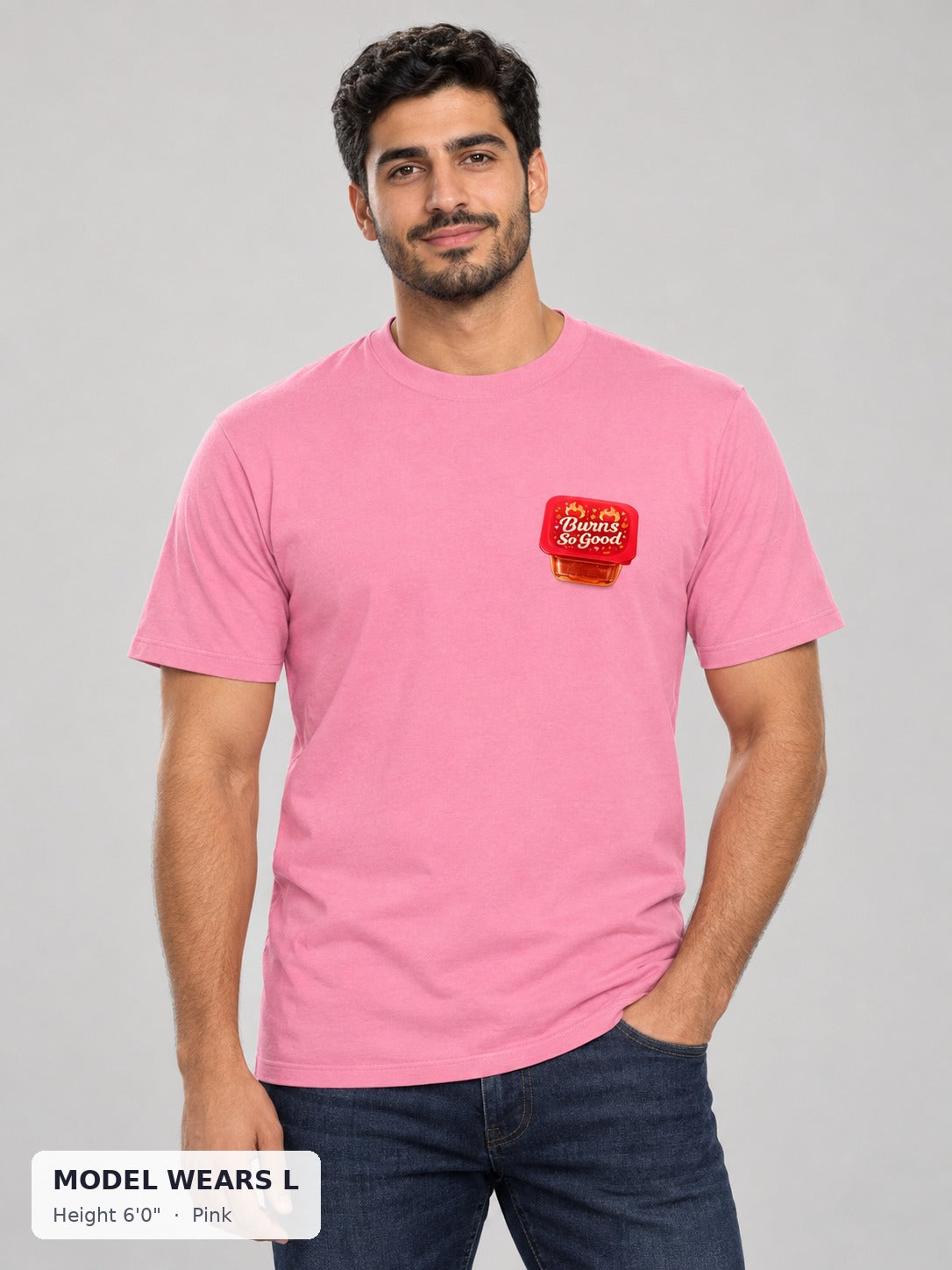 Burns So Good Hot Sauce Tee in Pink on an athletic model wearing size L, 6'0" - Good Trouble Fashion