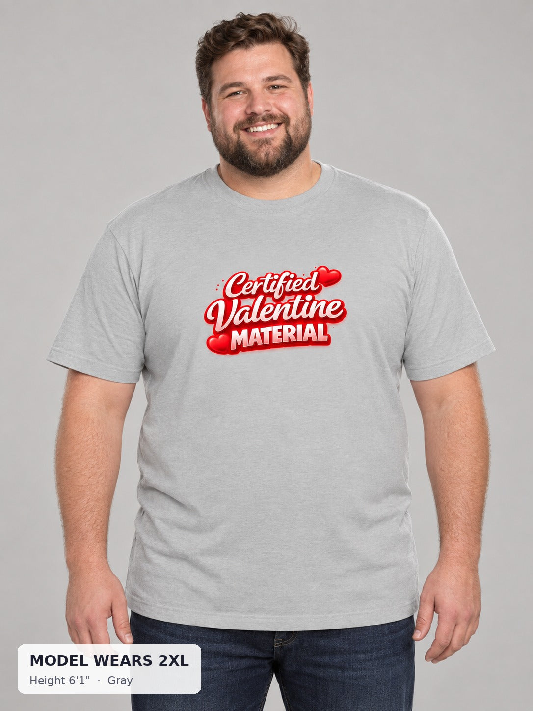 Certified Valentine Tee in Gray on a plus-size model wearing size 2XL, 6'1" - Good Trouble Fashion