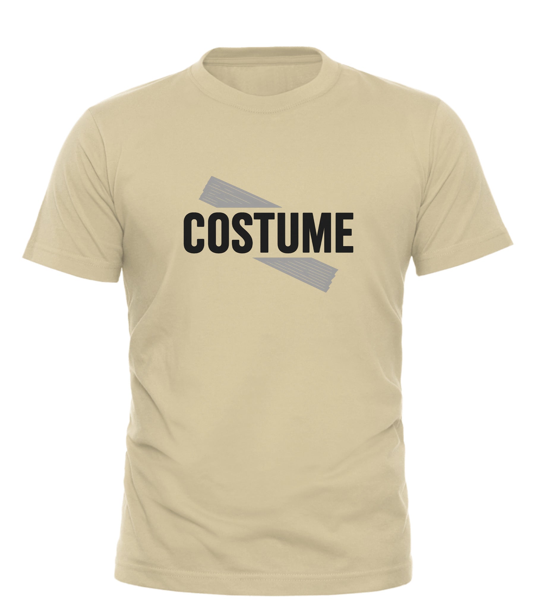 Good Trouble Garments beige costume under repair shirt with tape graphic across the word costume