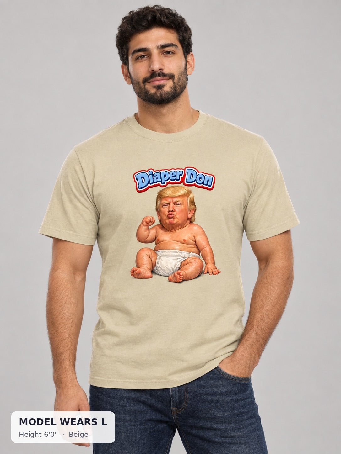 Diaper Don Political Tee in Beige on an athletic model wearing size L, 6'0" - Good Trouble Fashion