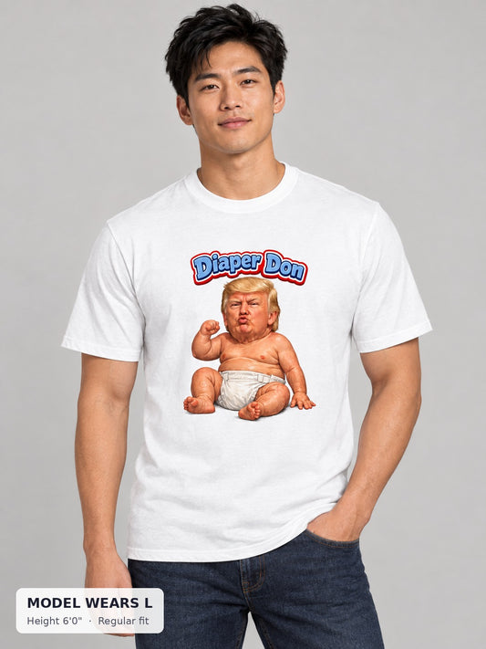 Diaper Don Political Tee on an athletic model wearing size L, 6'0" - Good Trouble Fashion