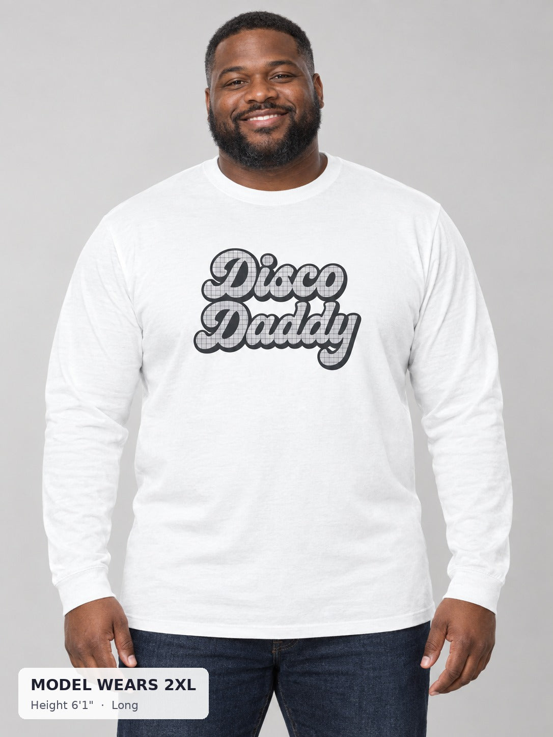 Disco Daddy Retro Pride Tee in Long style on a plus-size model wearing size 2XL, 6'1" - Good Trouble Fashion