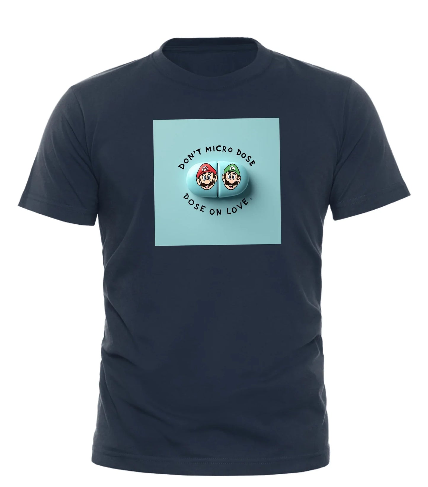 Good Trouble Garments dose on love slogan shirt in navy blue with graphic design on front