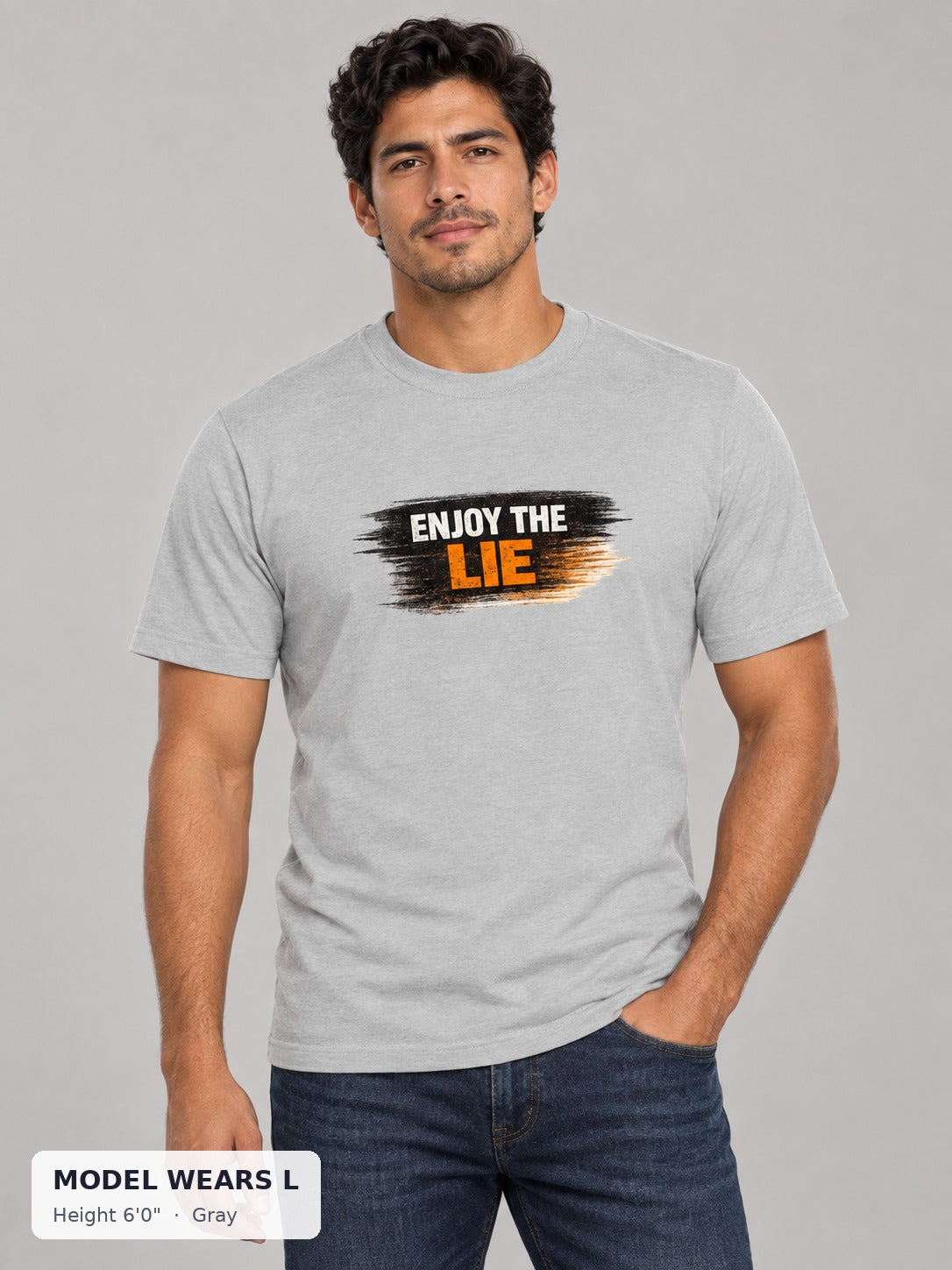 Enjoy the Lie Tee in Gray on an athletic model wearing size L, 6'0" - Good Trouble Fashion