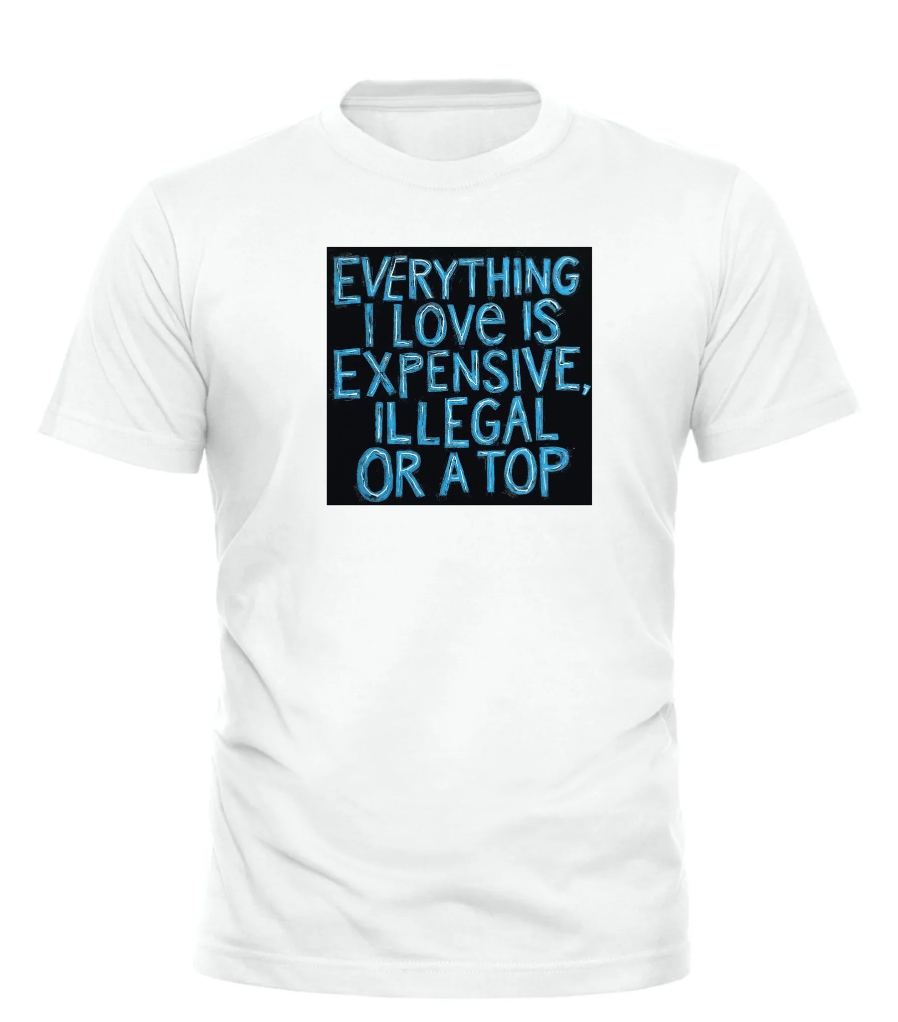 White Good Trouble Garments t-shirt with blue text saying everything I love is expensive or top tee