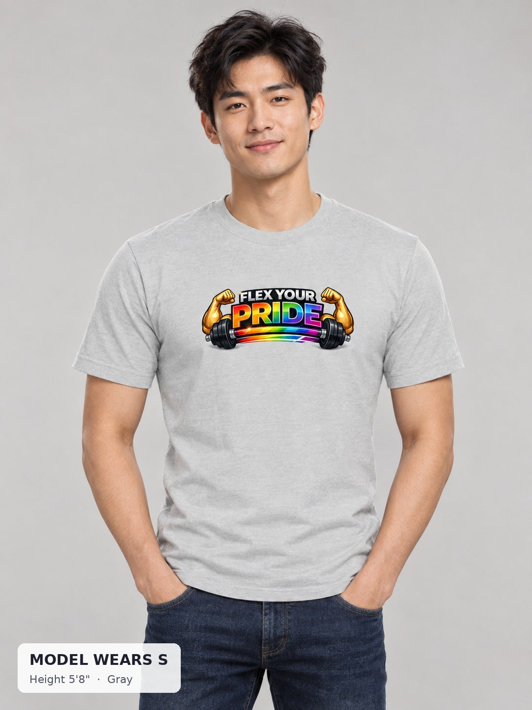 Flex Your Pride Workout Tee in Gray on a slim model wearing size S, 5'8" - Good Trouble Fashion