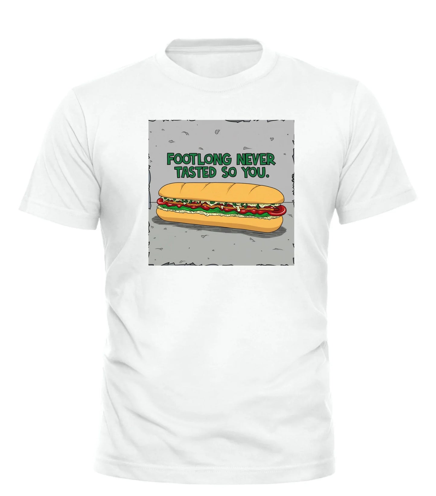 White Good Trouble Garments food pun t-shirt for men with a footlong sandwich graphic and text