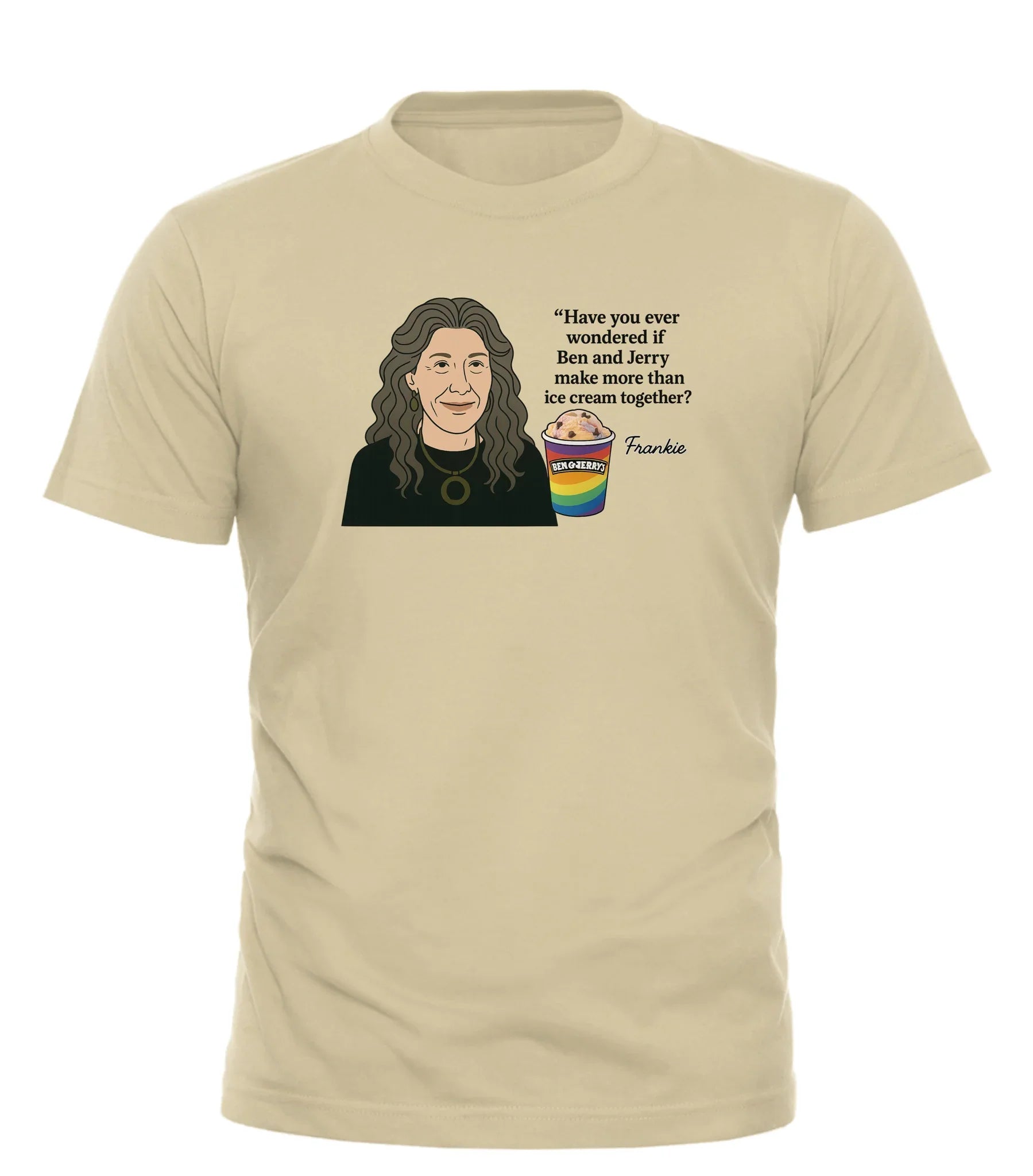 Frankie’s Ben and Jerry’s shirt featuring a cartoon graphic and playful quote about ice cream