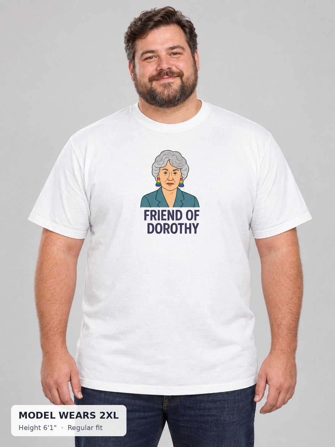 Friend of Dorothy Pride Tee in white on a plus-size model wearing size 2XL, 6'1" - Good Trouble Fashion