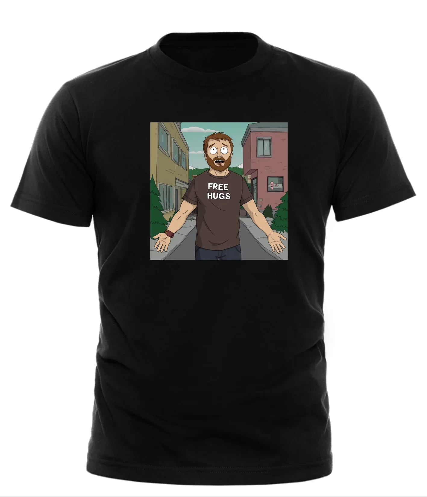 Black Good Trouble Garments funny free hugs t-shirt with cartoon character offering free hugs