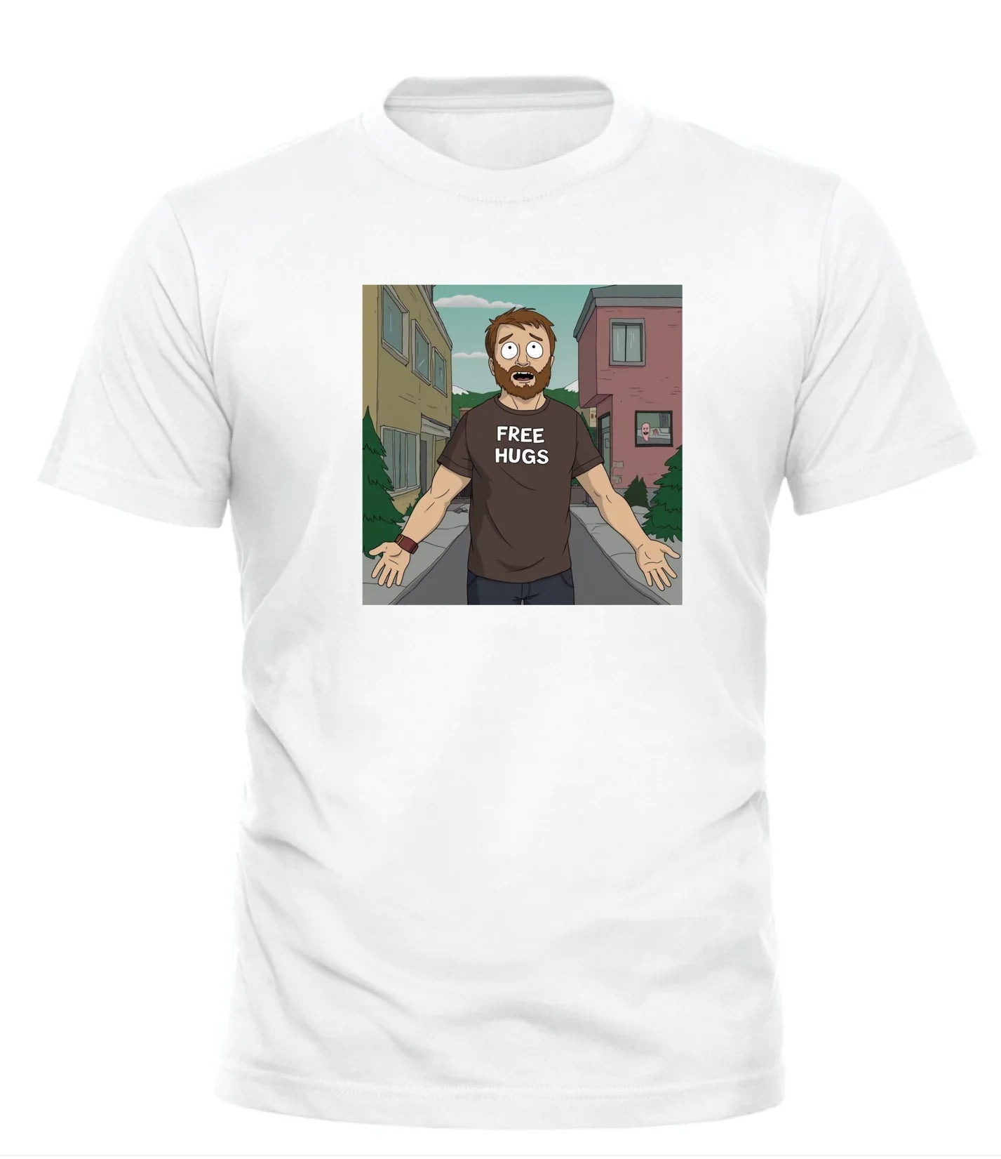 White Good Trouble Garments funny free hugs t-shirt featuring a cartoon character with open arms in a city background