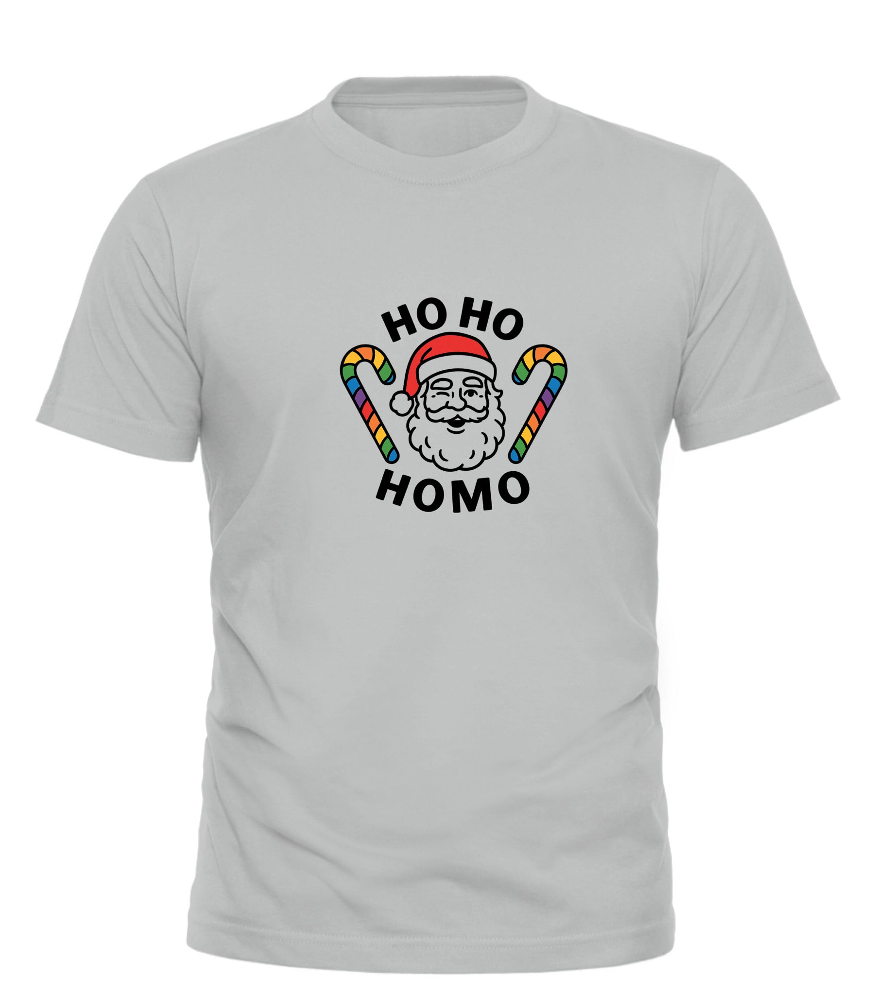 Funny gay Christmas tee featuring Santa with the phrase Ho Ho Homo and colorful candy canes