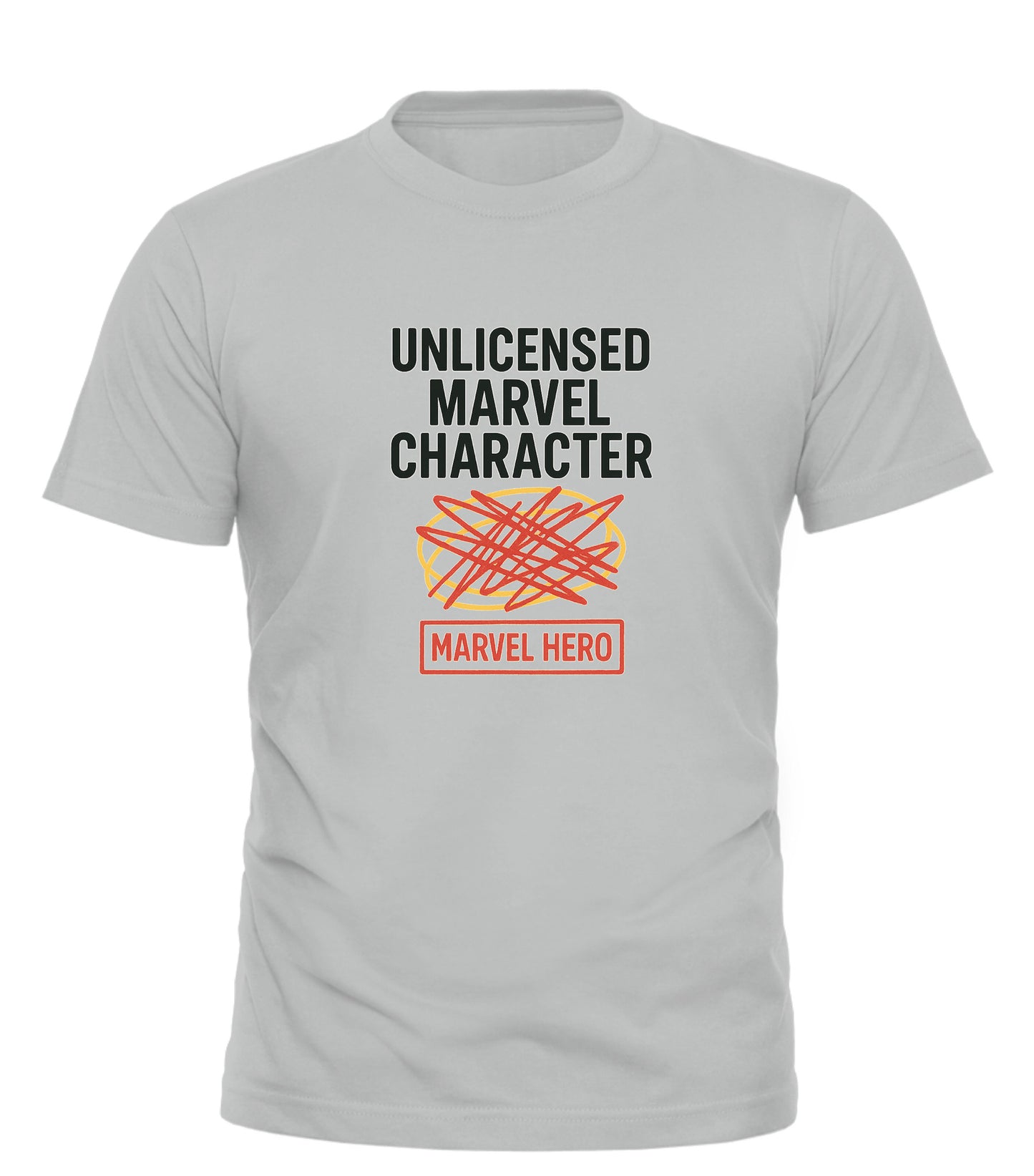 Good Trouble Garments funny Marvel graphic tee in light gray with Unlicensed Marvel Character text and crossed-out Marvel Hero design