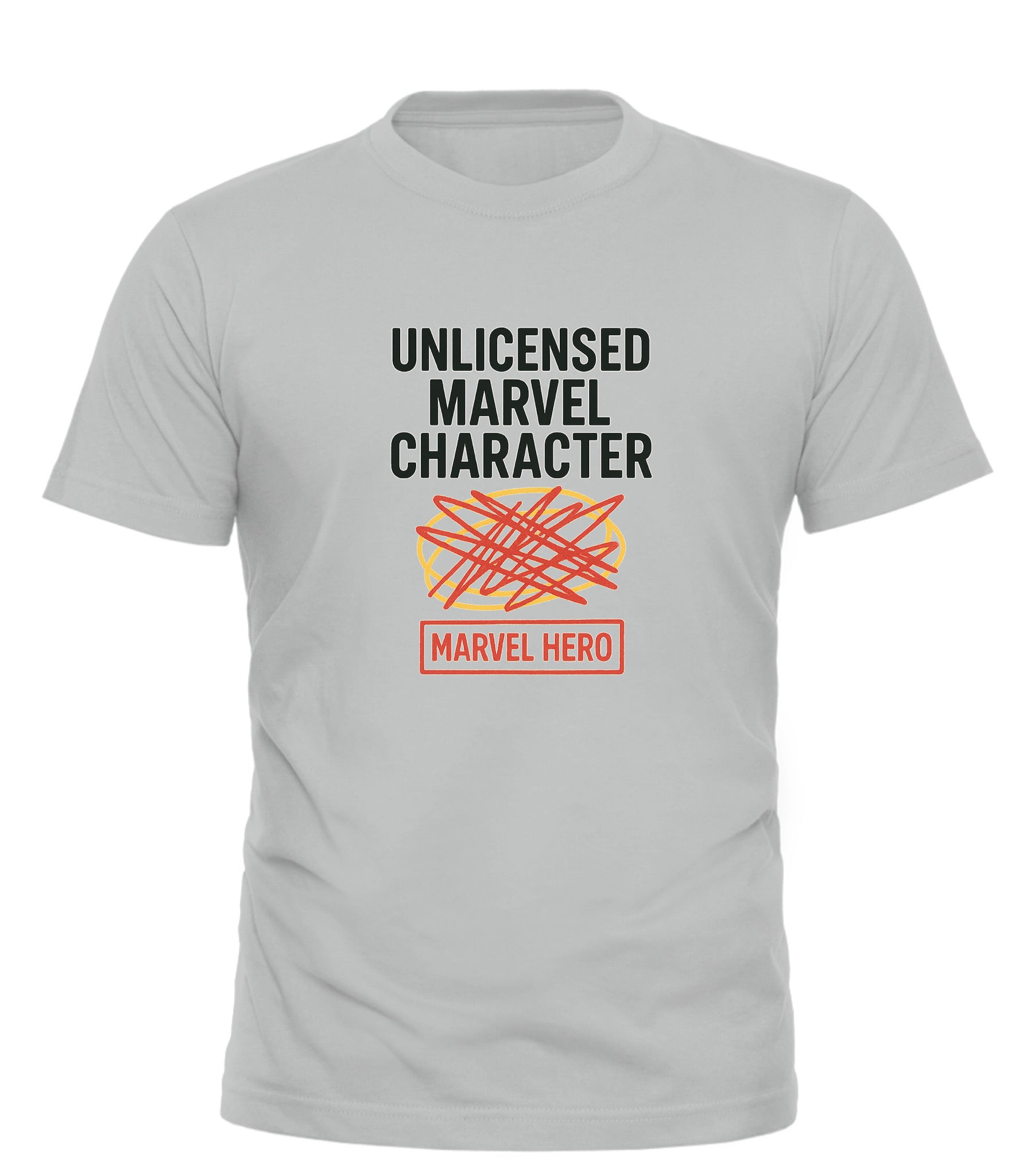 Good Trouble Garments funny Marvel graphic tee in light gray with Unlicensed Marvel Character text and crossed-out Marvel Hero design