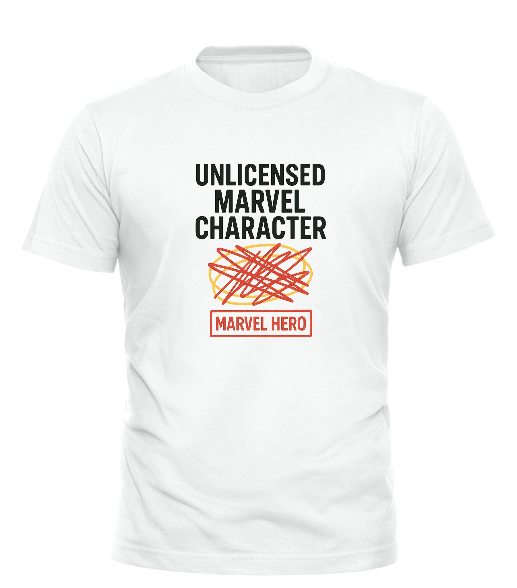 Good Trouble Garments white funny Marvel graphic tee with unlicensed Marvel character design