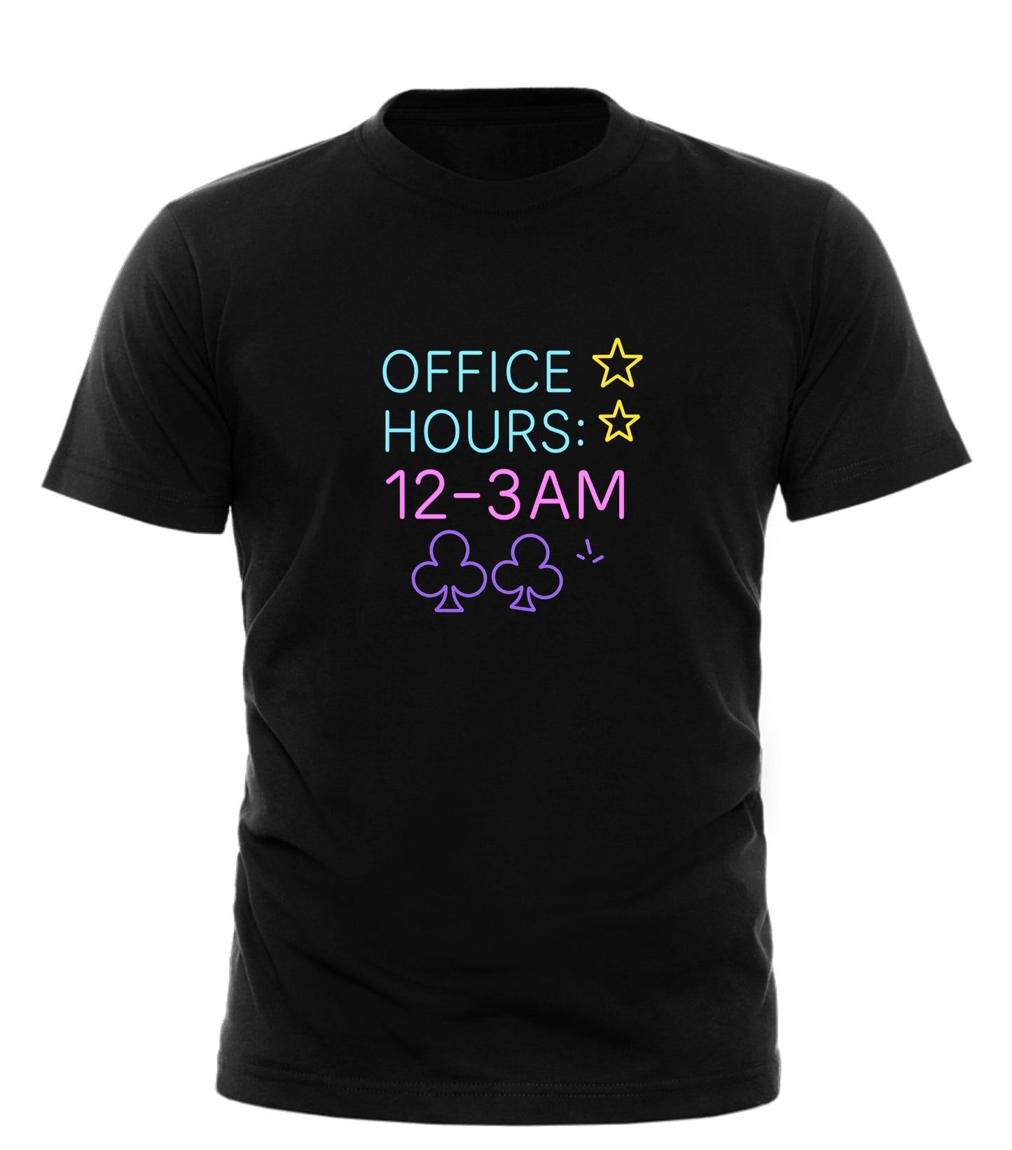 Good Trouble Garments black funny office hours t-shirt with neon text and club symbols