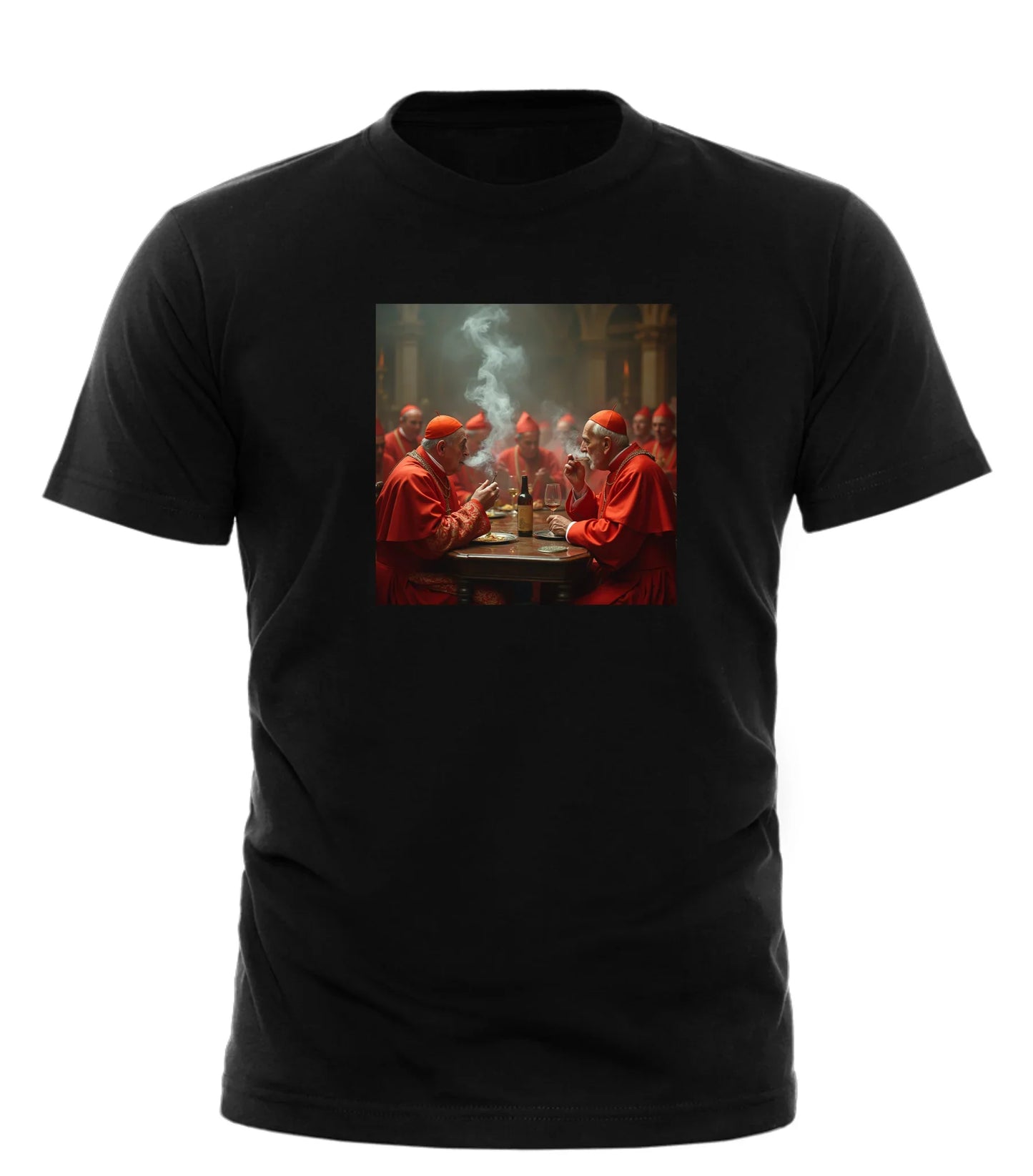 Good Trouble Garments funny religious t shirt featuring cardinals smoking and drinking at a table