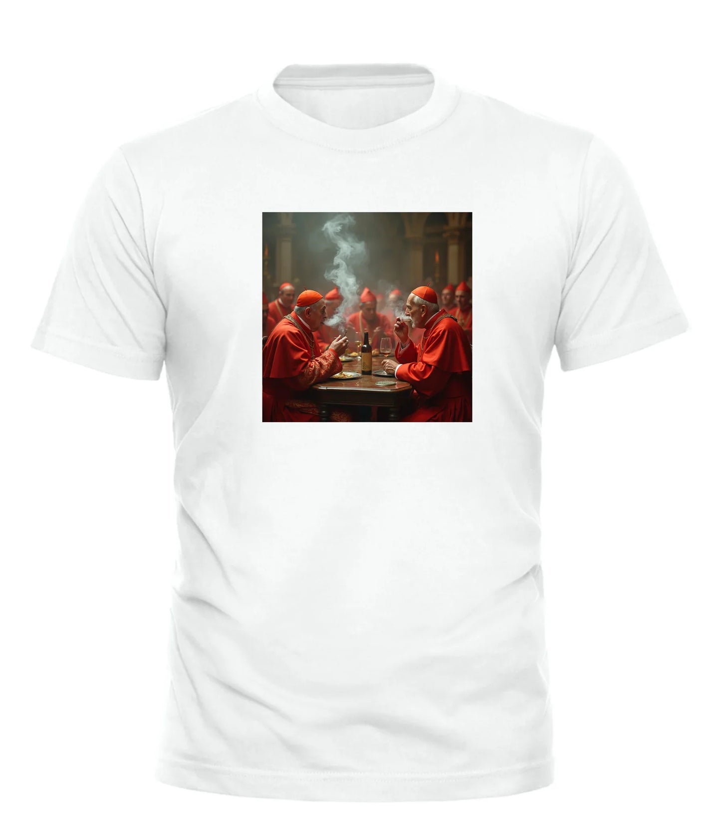 Good Trouble Garments white funny religious t shirt featuring card playing cardinals in red robes