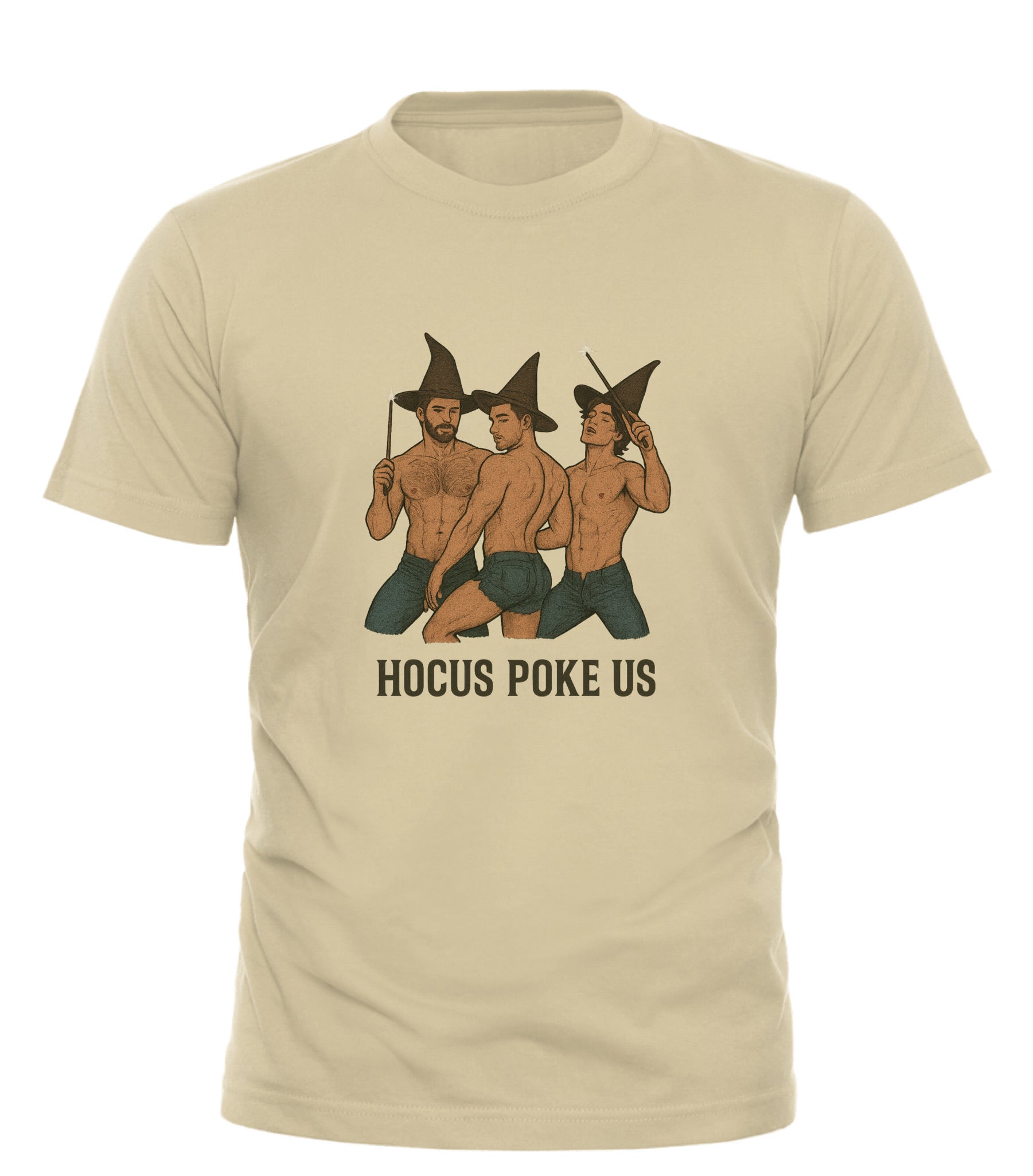 Hocus Poke Us novelty tee beige shirt showing three shirtless men wearing witch hats graphic