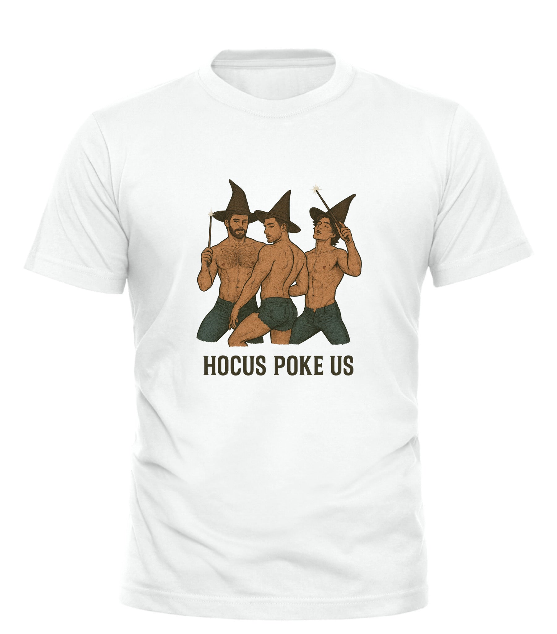 Hocus Poke Us novelty tee white shirt featuring three shirtless men in witch hats with wands playful graphic by Good Trouble