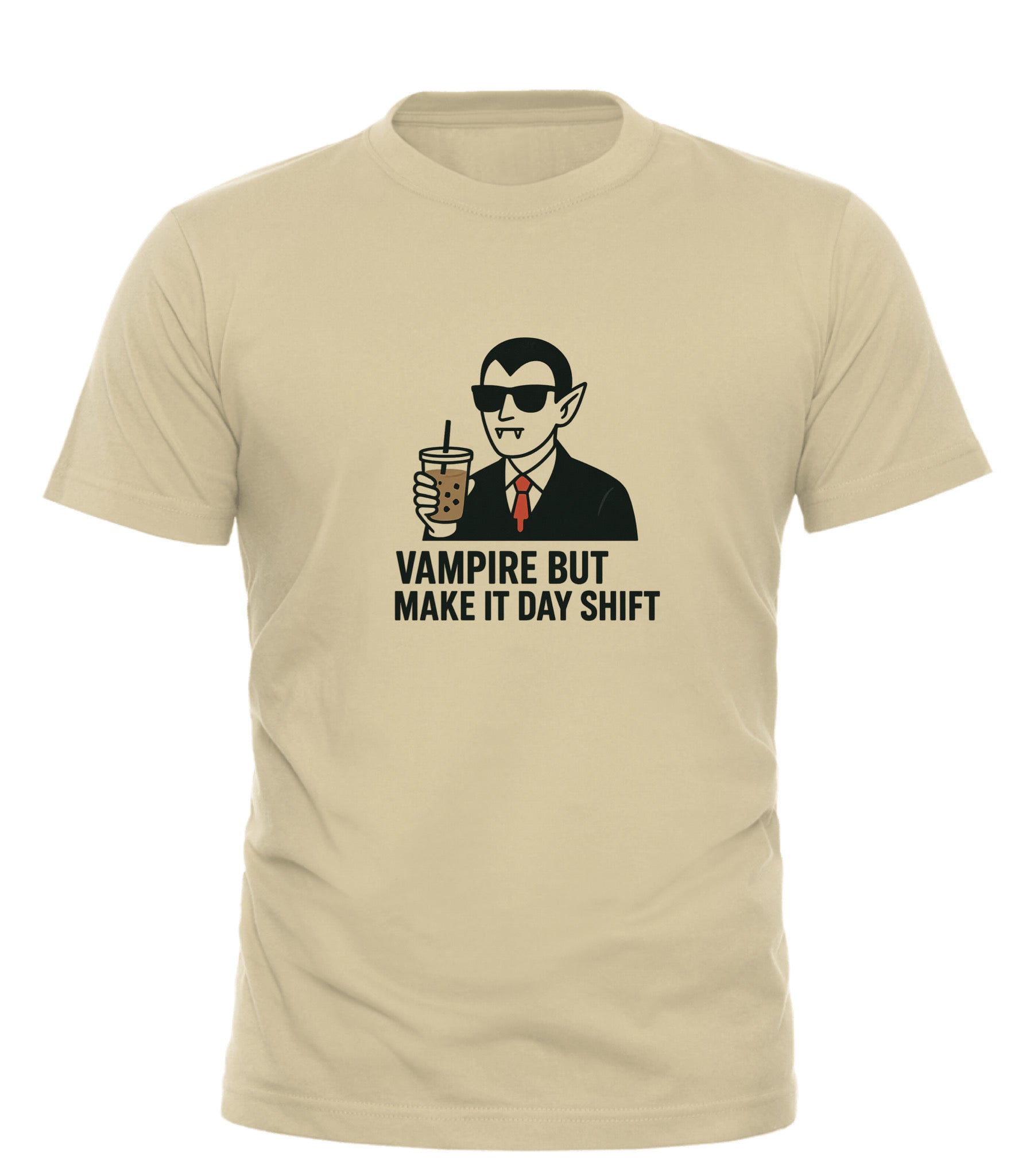 Beige funny vampire t-shirt with cartoon vampire holding a drink and text for day shift fans