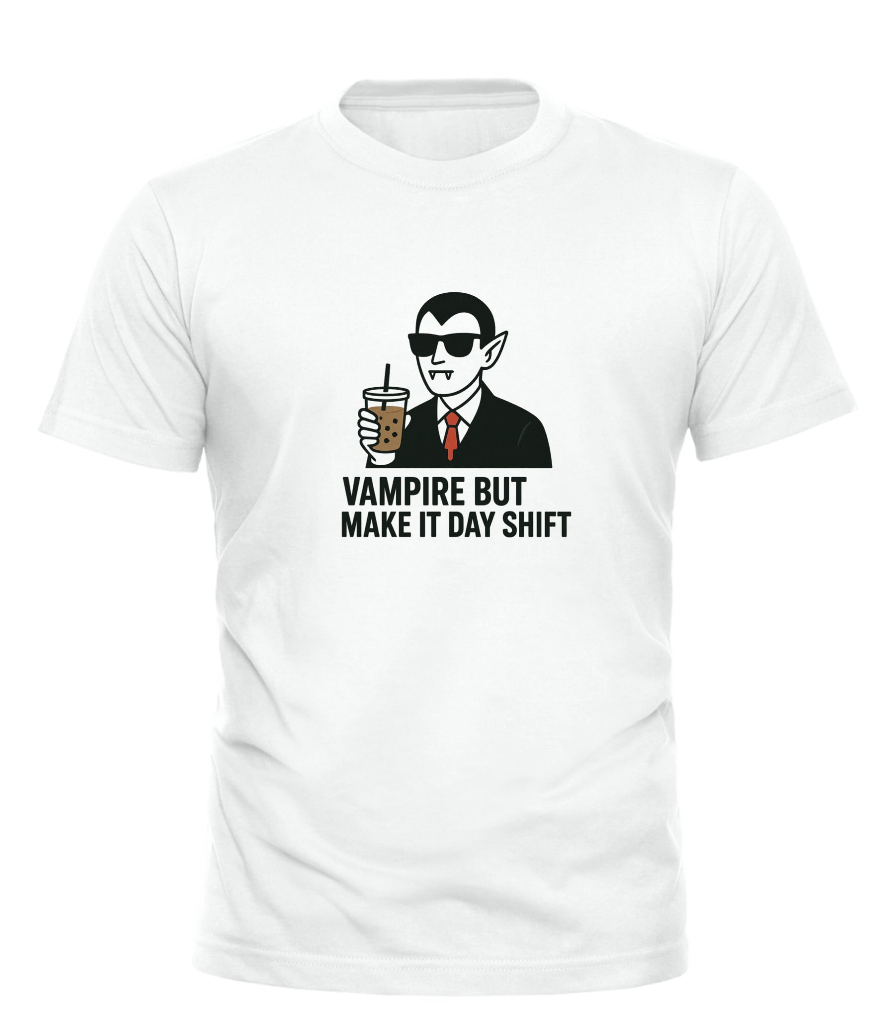 Good Trouble Garments white funny vampire t-shirt with vampire holding iced coffee and text day shift