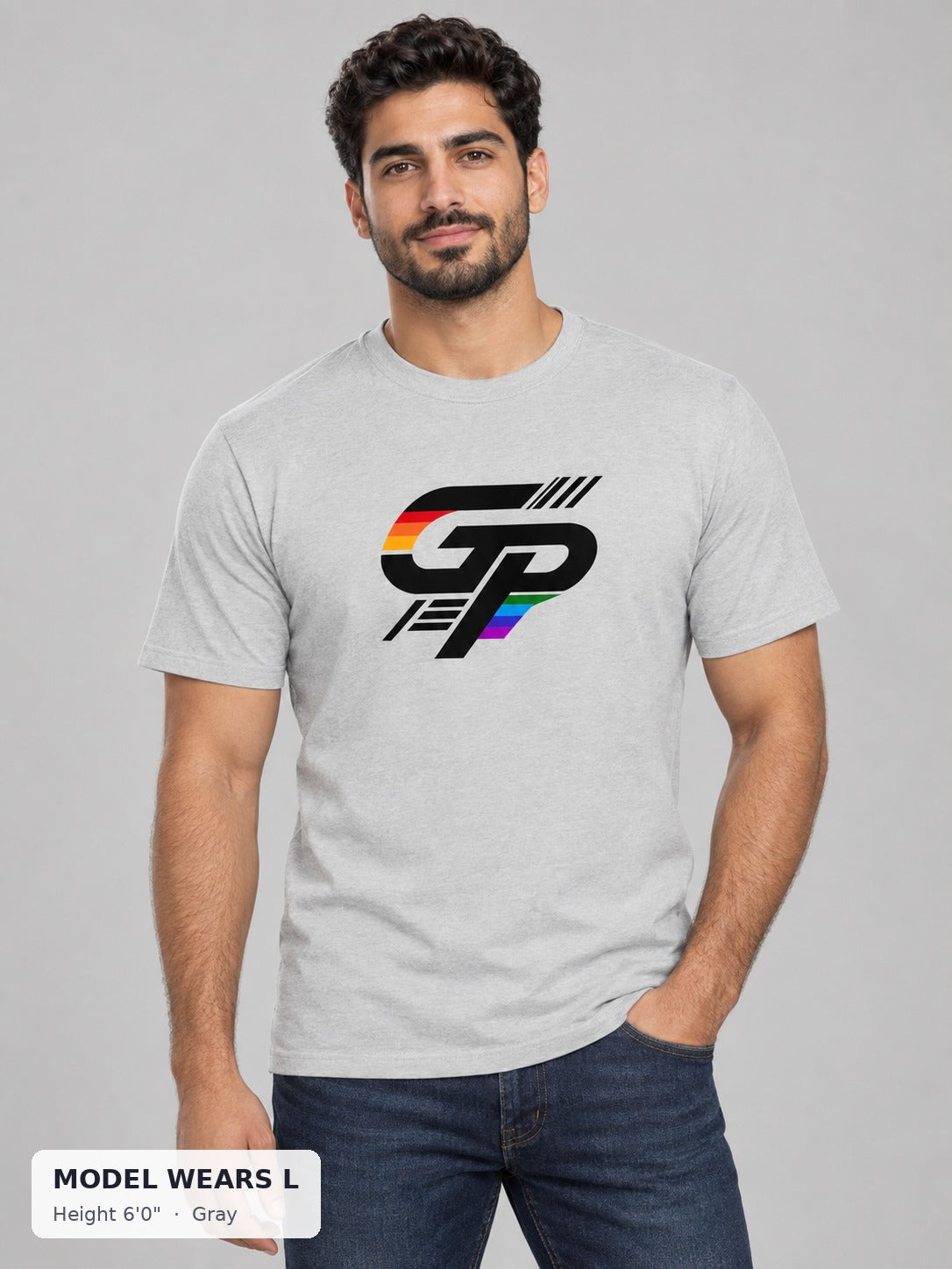 Gay Power GP Big Logo Tee in Gray on an athletic model wearing size L, 6'0" - Good Trouble Fashion